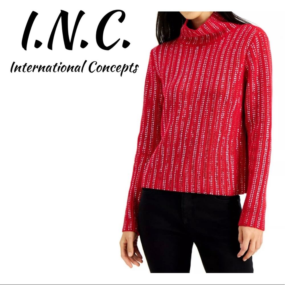 INC International Concepts Red Rhinestone Women's Turtleneck Sweater